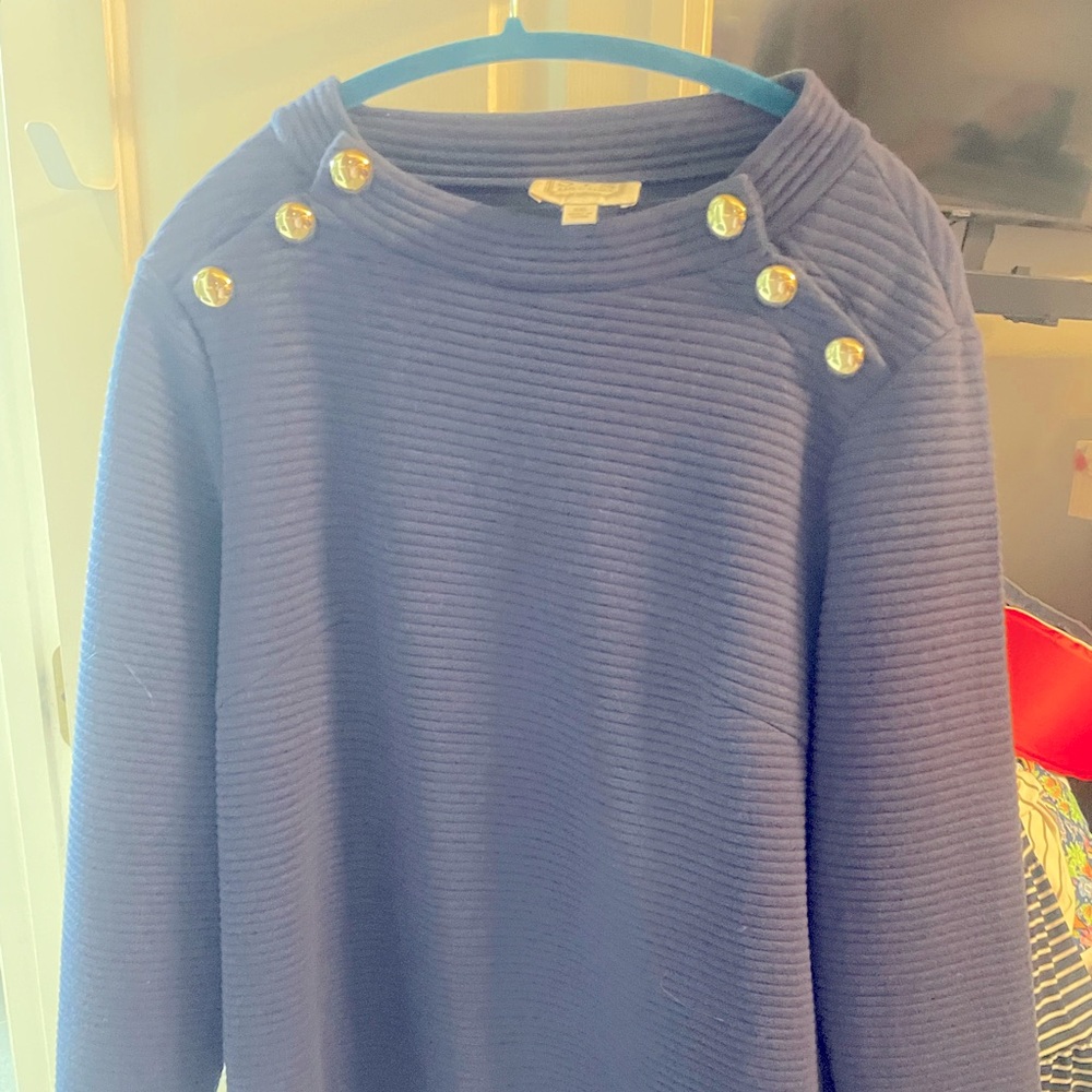 Navy Blue Sweater Dress with Gold Buttons